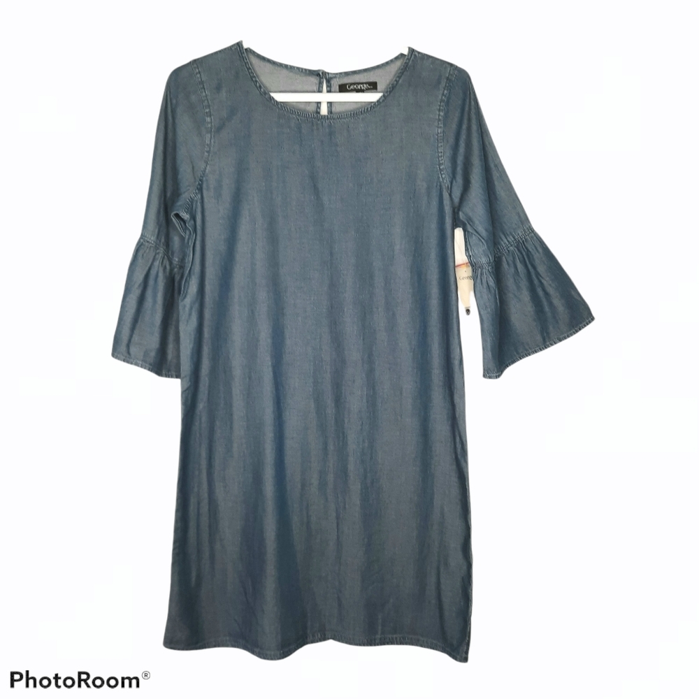 George Chambray Shift Dress Bell Sleeve Round Neck Womens Size XS New